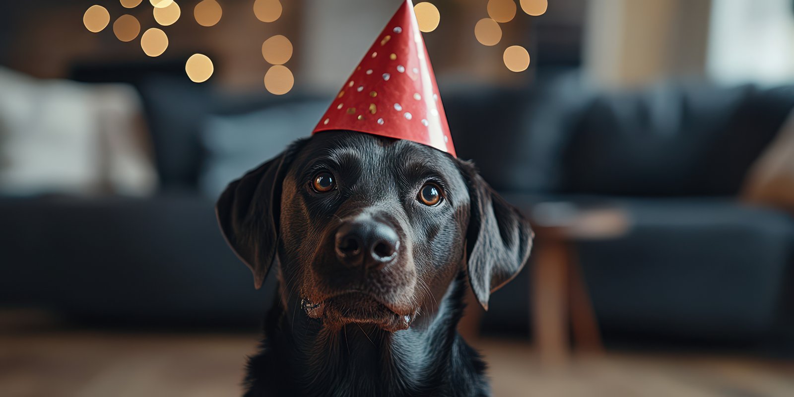 Black dog wearing a party hat enjoys a celebration at home with festive decorations in the background during a cozy gathering